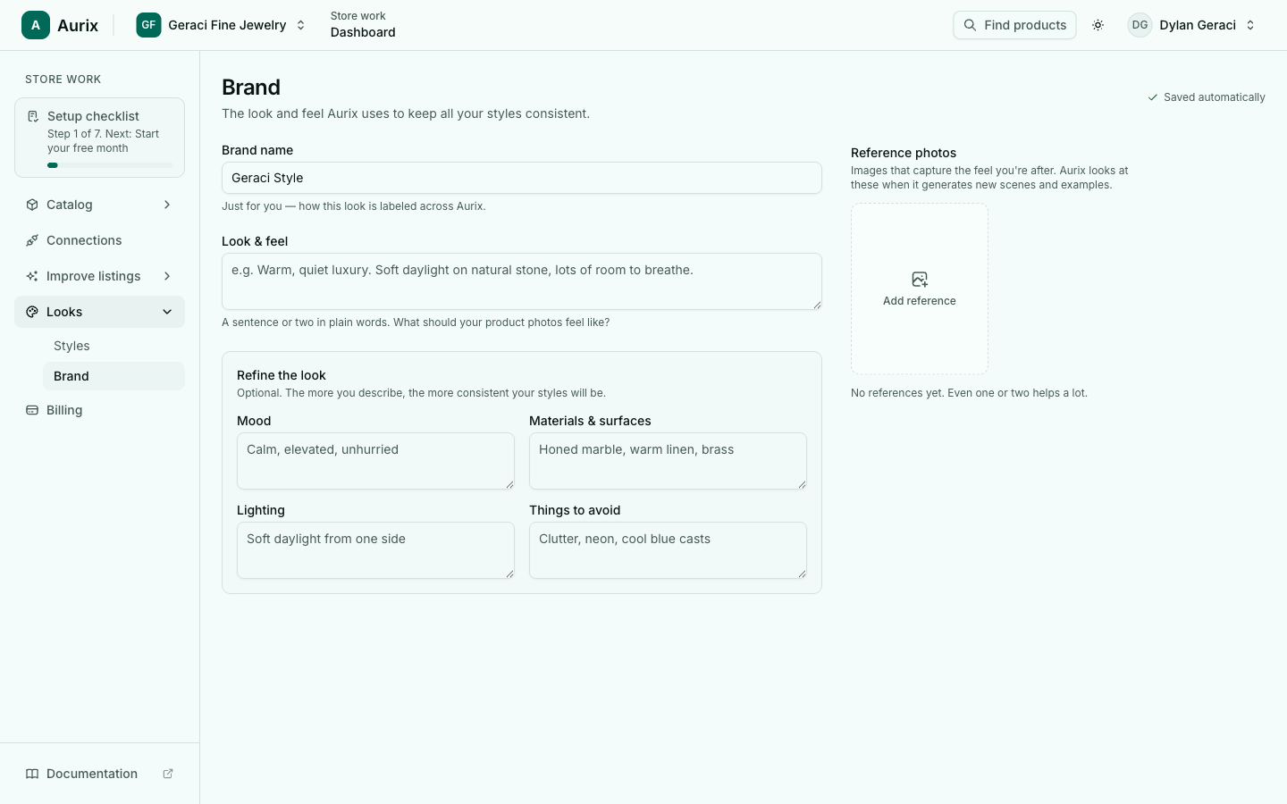 The Aurix Brand settings page capturing brand name, look and feel, mood, materials, lighting, and things to avoid