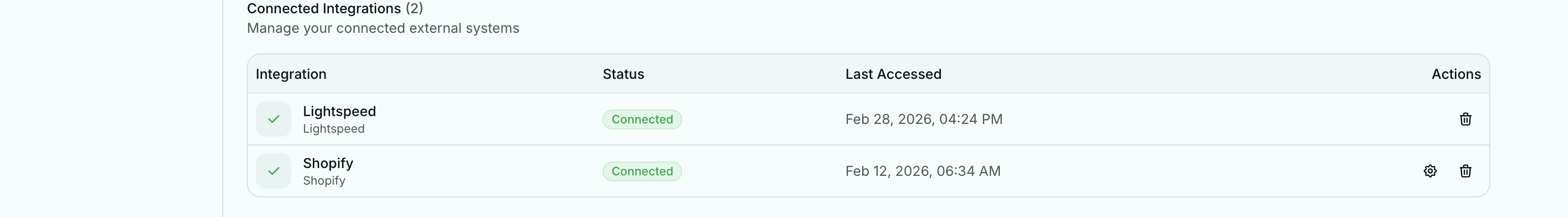 Aurix integrations screen showing Lightspeed and Shopify connected