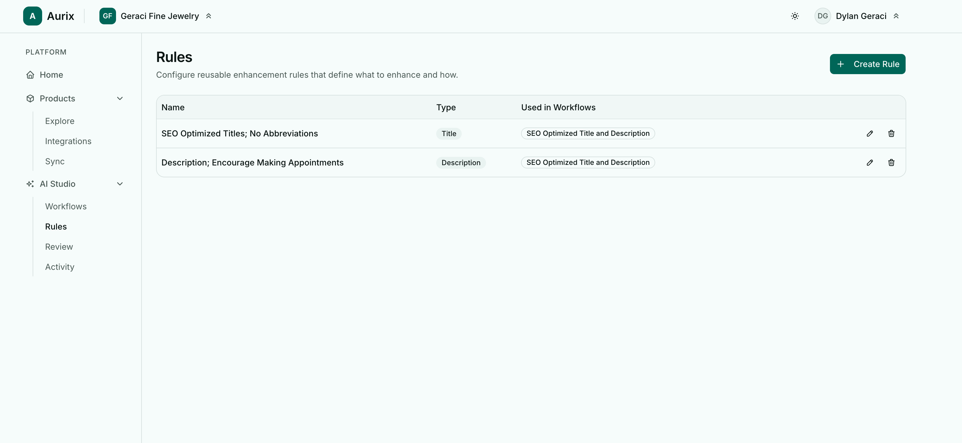 Aurix Rules screen showing reusable enhancement rules for titles, descriptions, and images