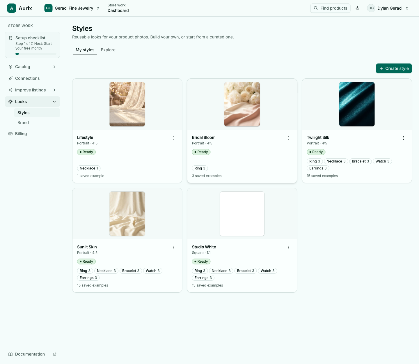 The Aurix Styles library, showing multiple saved photography looks a jeweler can apply across their catalog
