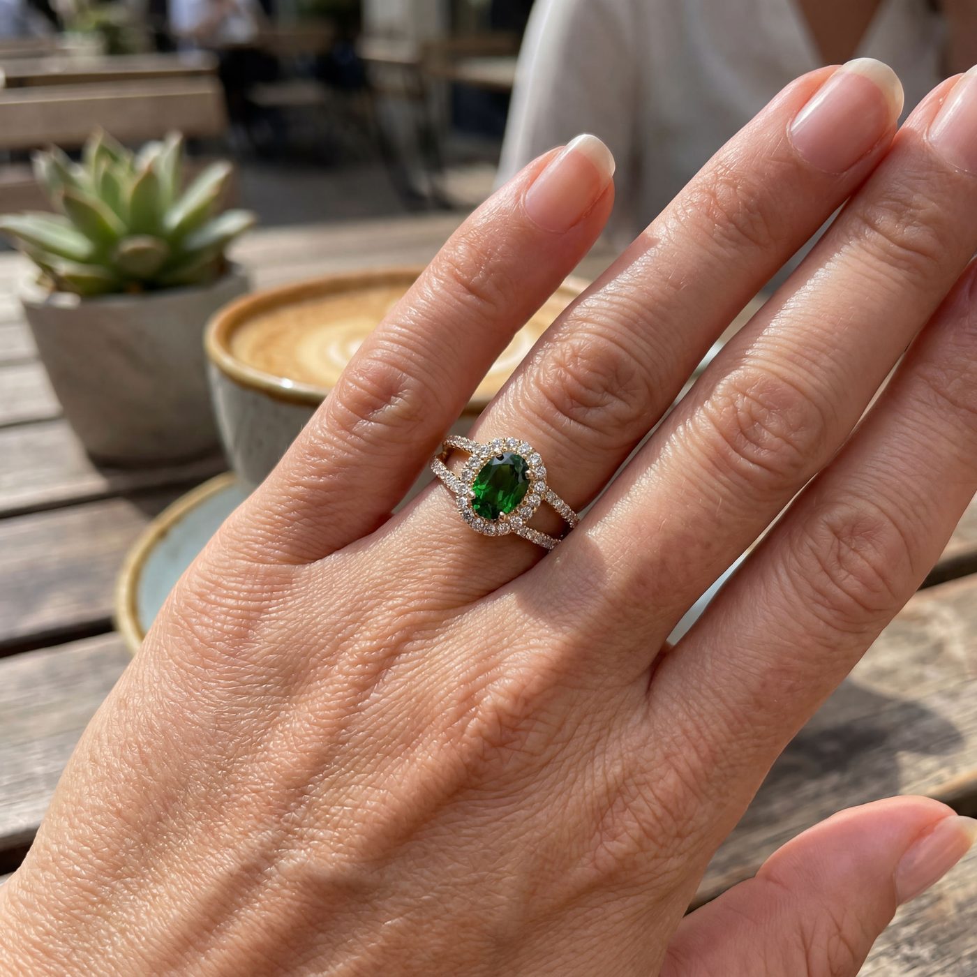 Studio-grade AI jewelry photo of the same Oval tsavorite halo ring, generated by Aurix